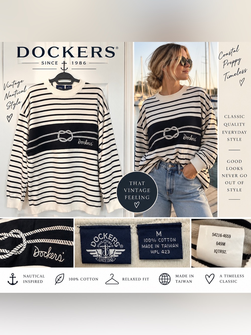 Vintage 1990s Dockers Nautical Striped Sweatshirt – Made in Taiwan – Size M